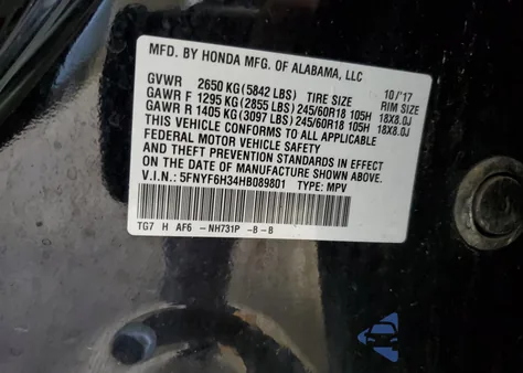 2017 Honda Pilot Ex z USA, uszkodzony, nr VIN 5FNYF6H34HB089801